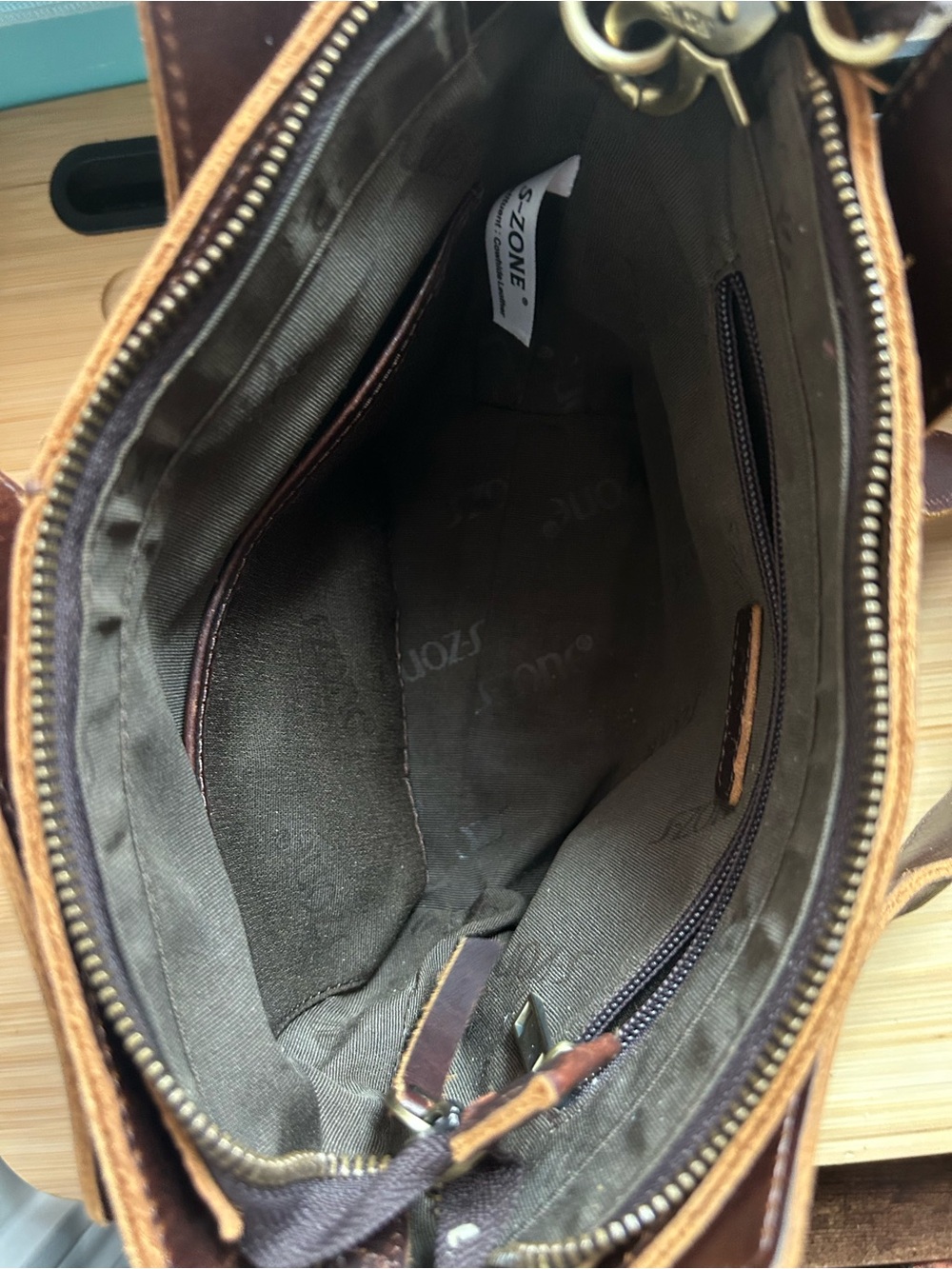 S-Zone Brown Canvas Genuine Leather Handbag/Crossbody w/ bag charm - Picture 9 of 11